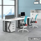 Modern office workstation with two desks, ergonomic chairs, storage drawers, and computer setup