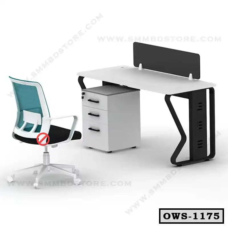 Modern office workstation with a white desk, privacy panel, storage drawers, and ergonomic chair