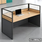Modern office workstation desk with laptop, privacy panels, and cup, ideal for workplaces