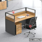 Modern office workstation desk with drawers, partition, and ergonomic chair in a workspace