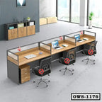 Modern office workstation with three desks, black chairs, wooden drawers, and laptops