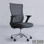 Ergonomic office chair with mesh back, cushioned seat, armrests, and metal base on casters