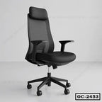 Ergonomic black office chair with mesh backrest, adjustable armrests, and rolling wheels.