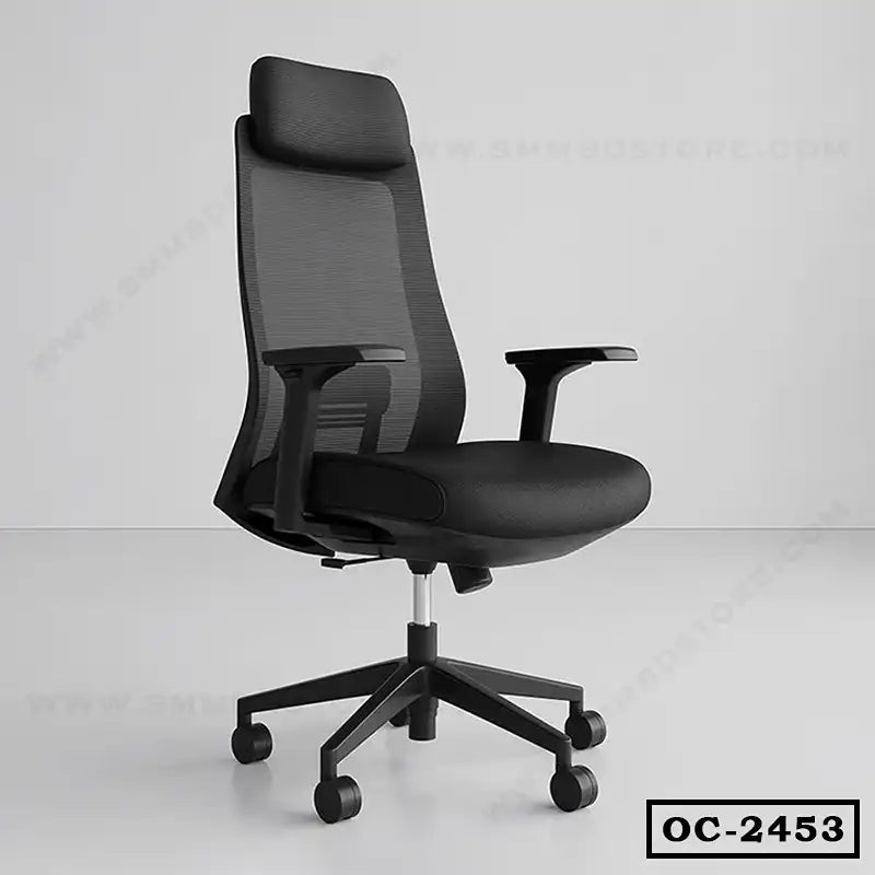 Ergonomic black office chair with mesh backrest, adjustable armrests, and rolling wheels.