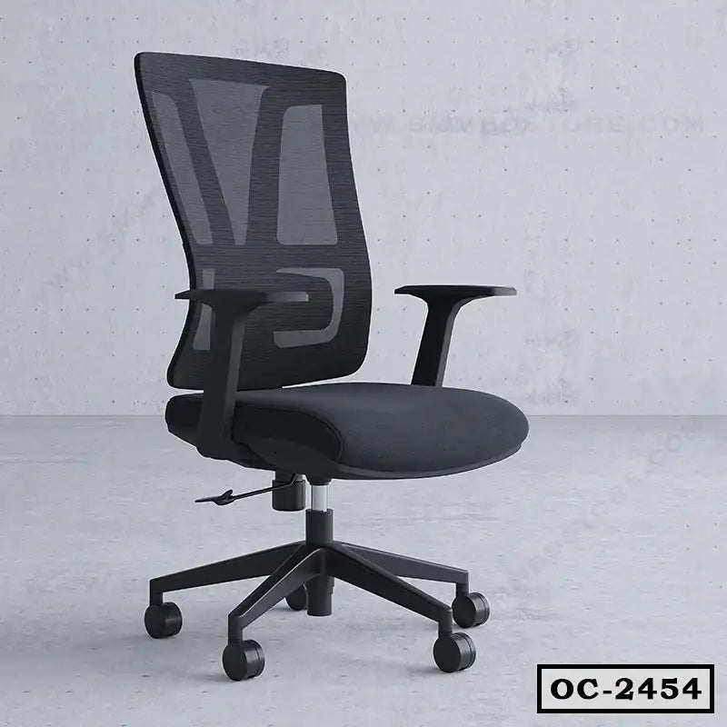 Ergonomic black mesh office chair with adjustable armrests and wheels, model OC-2454