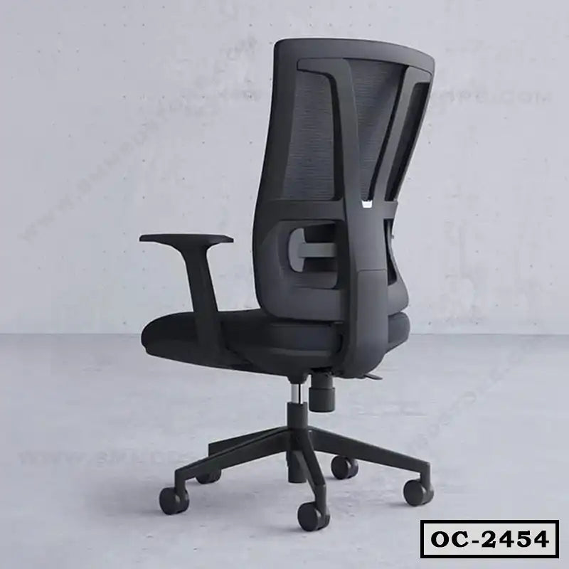 Modern ergonomic black office chair with mesh backrest and adjustable armrests, model OC-2454