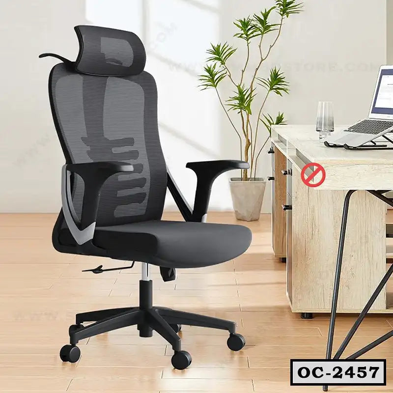 Ergonomic black mesh office chair with headrest and armrests in a modern workspace