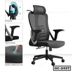 Ergonomic office chair with adjustable headrest, fixed armrests, and cushioned foam seat
