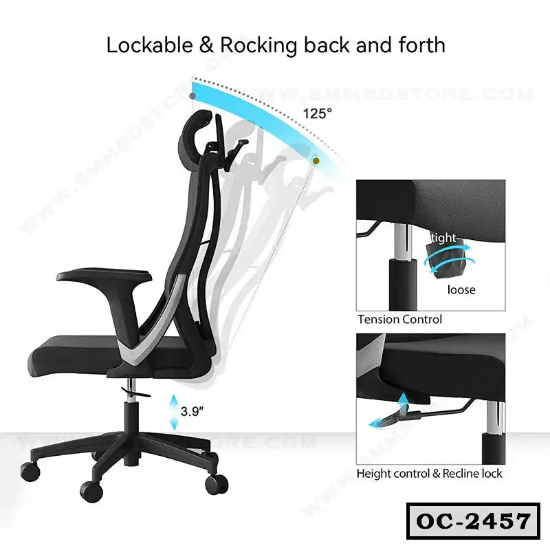 Ergonomic office chair with lockable reclining back, adjustable height, and tension control