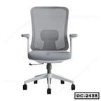 Modern ergonomic office chair with mesh backrest, adjustable armrests, and rolling wheels