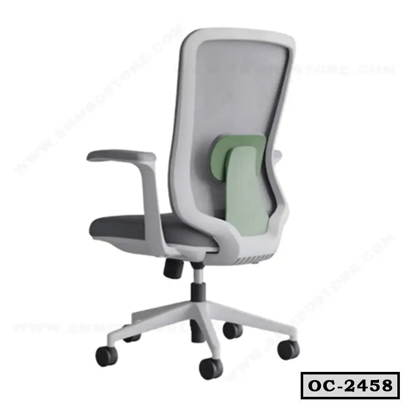 Ergonomic grey mesh office chair with green lumbar support, adjustable and on wheels
