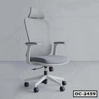 Modern ergonomic office chair with mesh back, headrest, armrests, and rolling wheels