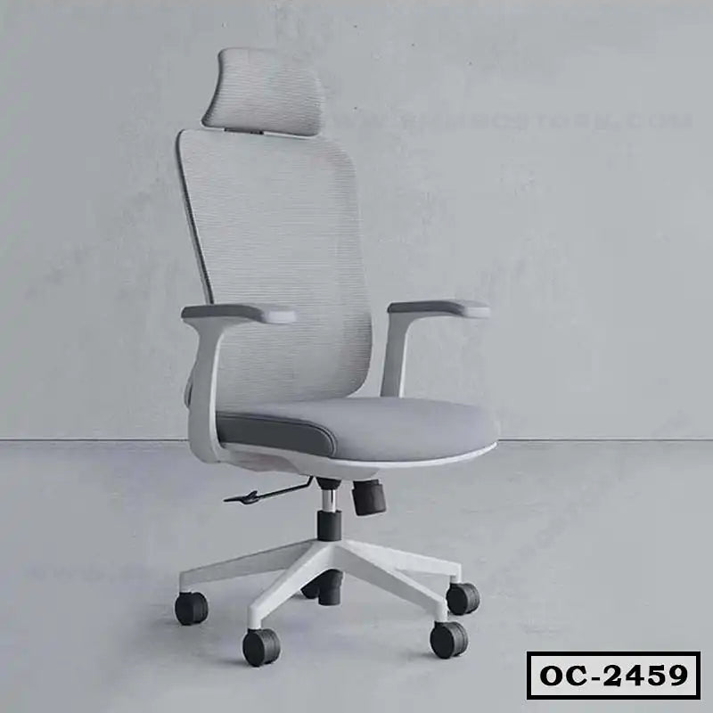 Modern ergonomic office chair with mesh back, headrest, armrests, and rolling wheels