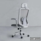 Modern ergonomic office chair with mesh back, lumbar support, headrest, and caster wheels