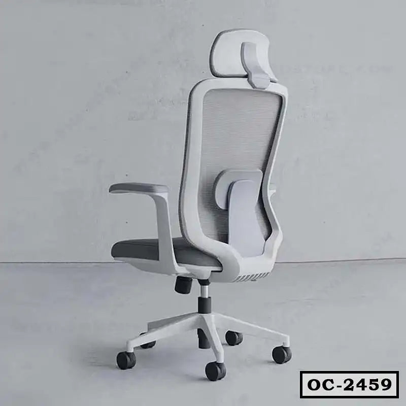 Modern ergonomic office chair with mesh back, lumbar support, headrest, and caster wheels