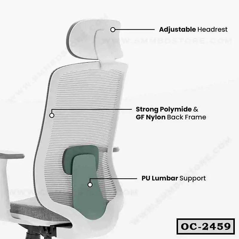 Ergonomic office chair with adjustable headrest, lumbar support, and mesh back frame