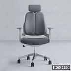 Ergonomic office chair with split backrest, adjustable armrests, and headrest on wheels