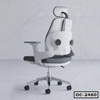 Modern ergonomic office chair with adjustable headrest and armrests, white and gray design.