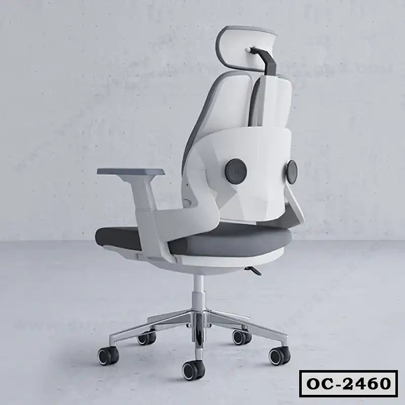 Modern ergonomic office chair with adjustable headrest and armrests, white and gray design.
