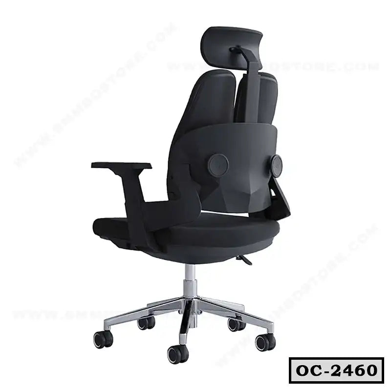 Ergonomic black office chair with adjustable headrest, armrests, and wheels, model OC-2460.