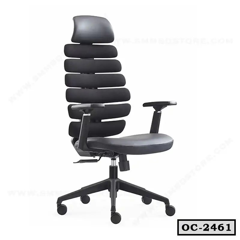 Modern ergonomic black office chair with adjustable armrests and high segmented backrest