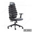 Modern ergonomic black office chair with adjustable armrests and high segmented backrest