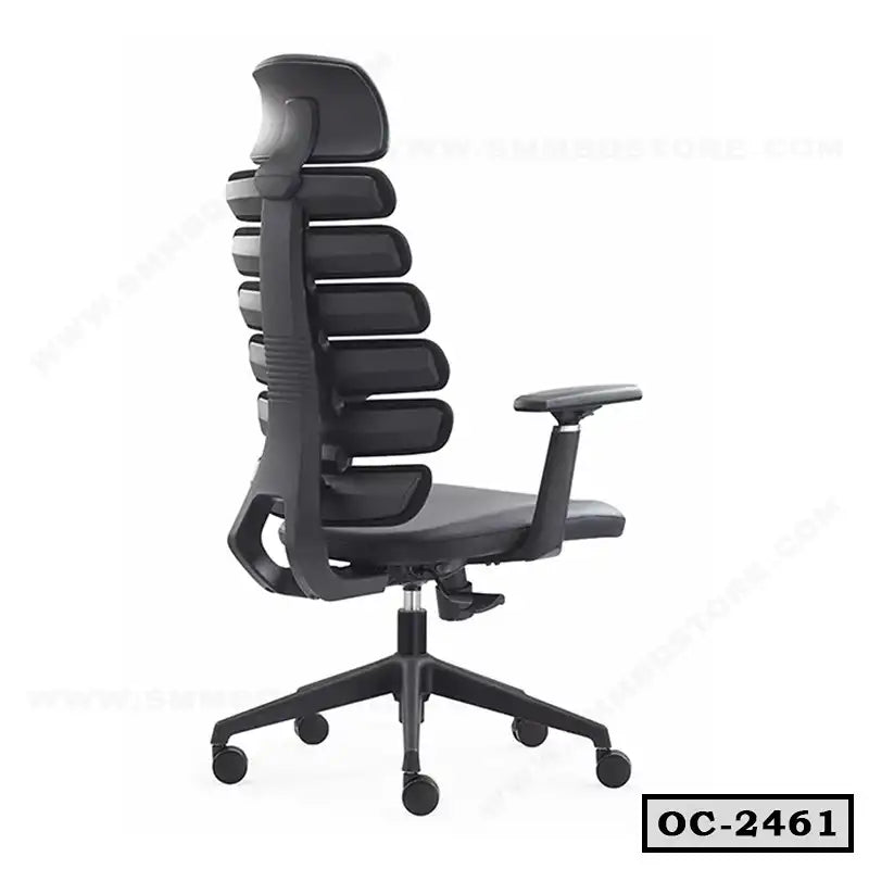 Ergonomic black office chair with adjustable armrests, supportive segmented back design, on casters.
