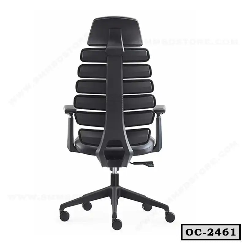 Ergonomic black office chair with adjustable armrests, high backrest, and mesh design