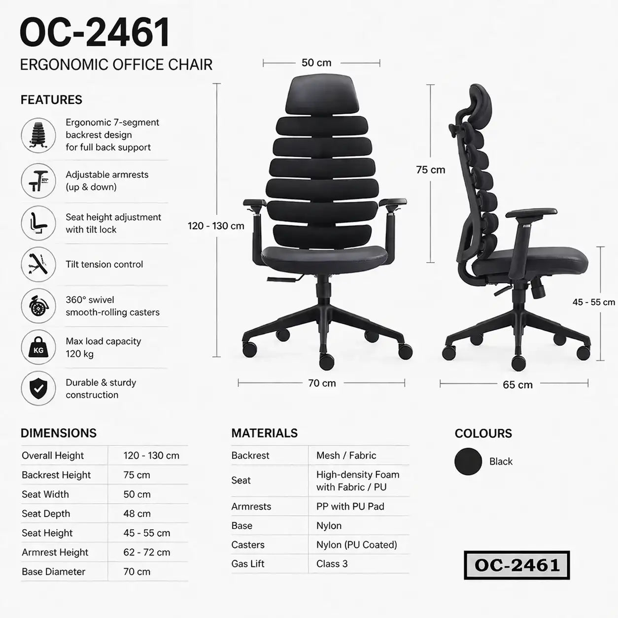 Ergonomic black office chair with 7-segment backrest, adjustable features, and swivel base.