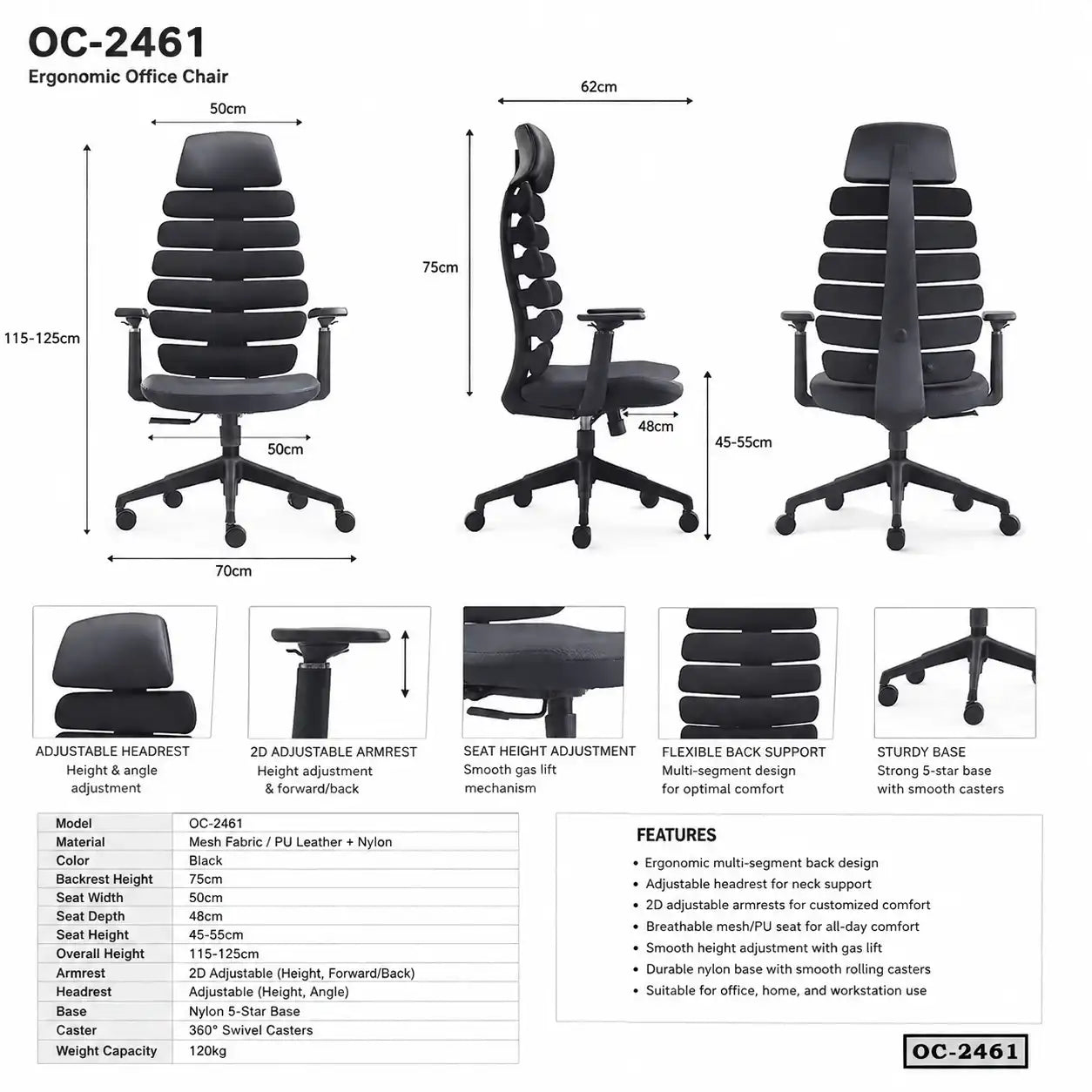 Ergonomic black office chair OC-2461 with adjustable headrest, armrests, mesh back, and swivel base