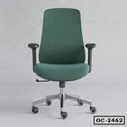 Green ergonomic office chair with adjustable armrests and swivel wheels on a light background
