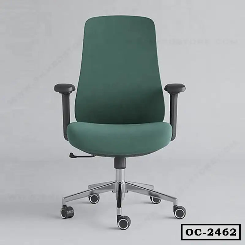 Green ergonomic office chair with adjustable armrests and swivel wheels on a light background