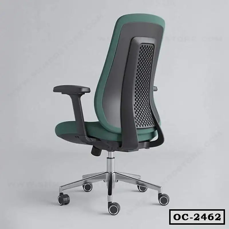 Modern ergonomic office chair with mesh back, green seat, adjustable arms, and caster wheels