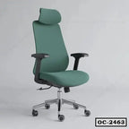 Ergonomic green office chair with adjustable armrests, headrest, and rolling wheels