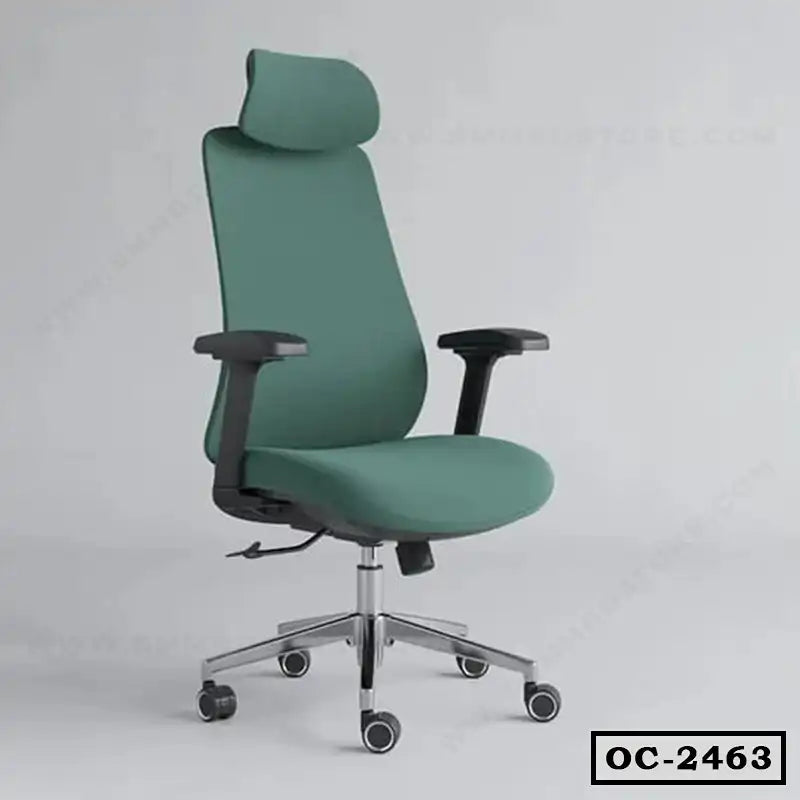 Ergonomic green office chair with adjustable armrests, headrest, and rolling wheels