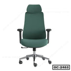 Ergonomic green office chair with headrest, adjustable armrests, and wheeled metal base