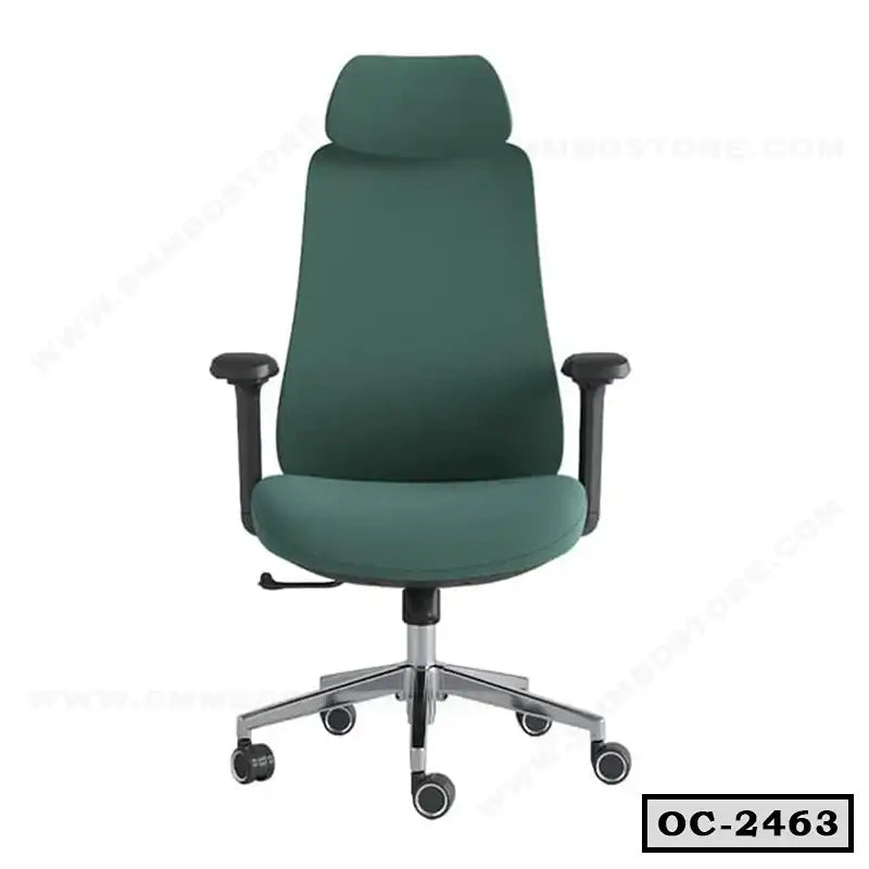 Ergonomic green office chair with headrest, adjustable armrests, and wheeled metal base