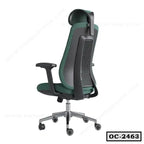 Ergonomic office chair with mesh back, adjustable armrests, and headrest on caster wheels