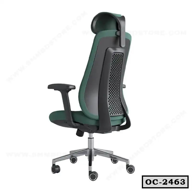 Ergonomic office chair with mesh back, adjustable armrests, and headrest on caster wheels