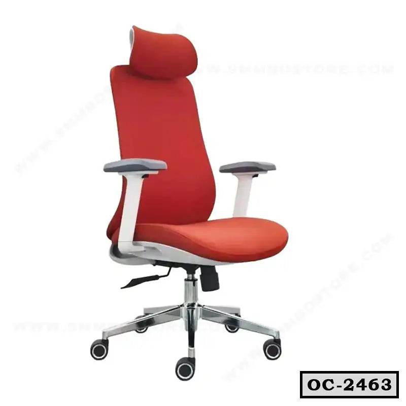 Red ergonomic office chair with adjustable armrests, headrest, and rolling base