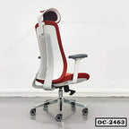 Ergonomic red and white office chair with headrest, mesh back, adjustable armrests, and wheels