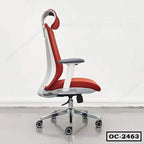 Modern ergonomic red office chair with headrest and adjustable armrests on wheels