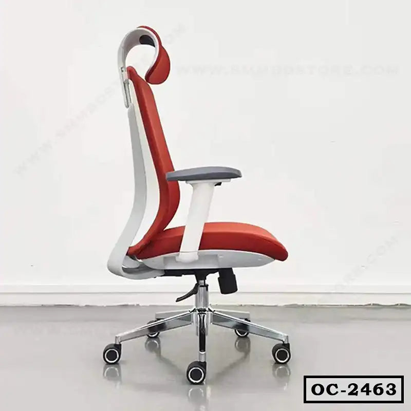 Modern ergonomic red office chair with headrest and adjustable armrests on wheels
