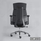 Modern ergonomic black office chair with adjustable armrests and chrome base, rear view