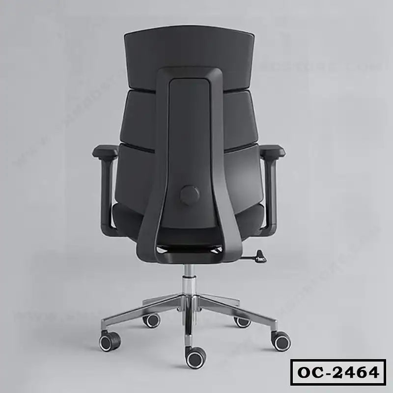 Modern ergonomic black office chair with adjustable armrests and chrome base, rear view