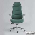 Ergonomic green office chair with adjustable armrests and headrest on caster wheels