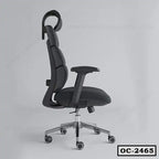 Ergonomic black office chair with adjustable armrests, headrest, and wheels, side view
