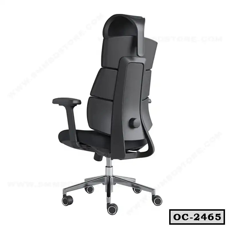 Ergonomic black office chair with adjustable armrests and high back on caster wheels