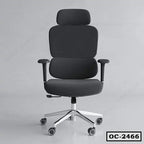Ergonomic black office chair with headrest, armrests, and wheeled metal base