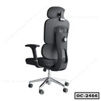 Ergonomic black office chair with adjustable headrest, mesh back, and chrome base on casters